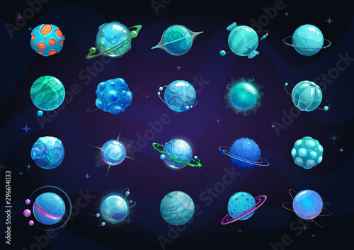 Cartoon blue planets set. Funny fantasy planet on cosmic background.