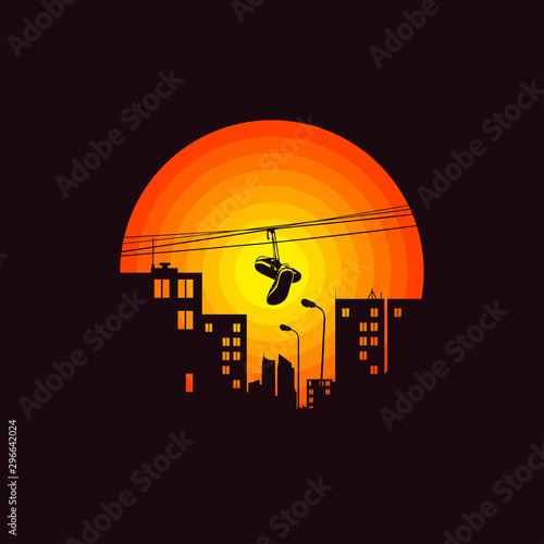 City illustration. Shoes on wire in the street. Urban style background. T shirt design, label, logo, print, art.