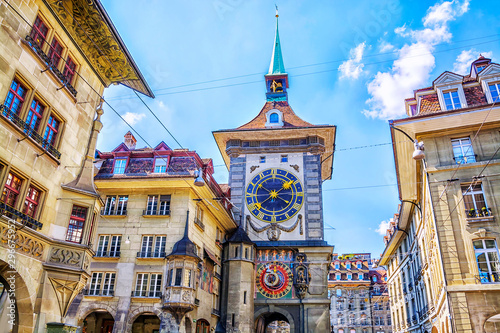 Astronomical clock on the medieval Zytglogge clock tower in Kramgasse street in old city center of Bern, Switzerland