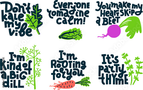 Set of plant jokes about vegetables and herbs, multicolor