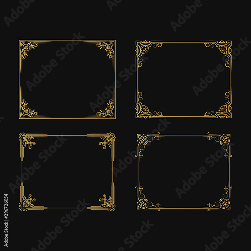 Set of hand drawn golden vignette frames. Vintage ornate wedding borders. Vector isolated gold classic invitation card.