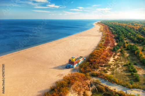 Aerial landscape of the beautiful beach with lifeguards house at Baltic Sea in Gdansk, Poland