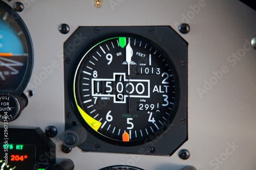 Altimeter in an airplane cockpit, 15000ft on standard setting. Above transition altitude all airplane altimeters are set to 1013 mbar or 29.92 inHg.