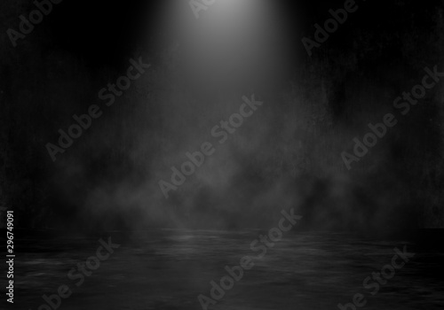 3D grunge room interior with spotlight and smoky atmosphere