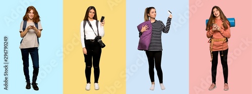 Set of travel woman, photographer, student and in pajamas sending a message with the mobile