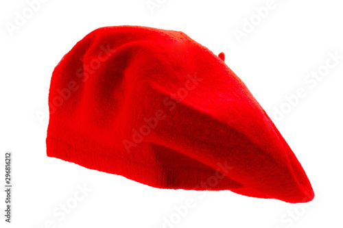 Posh attire and hip vintage fashion conceptual idea with red colour beret or french bonnet isolated on white background and clipping path cutout using ghost mannequin technique