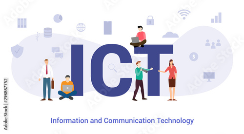 ict information and communication technology concept with big word or text and team people with modern flat style - vector