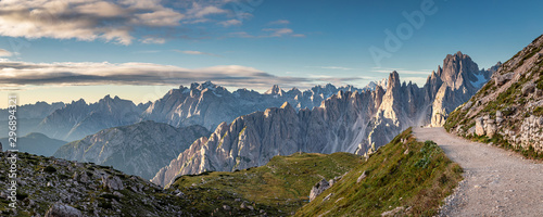 Panorama of mountains trail to Tre Cime in Dolomites, Italy