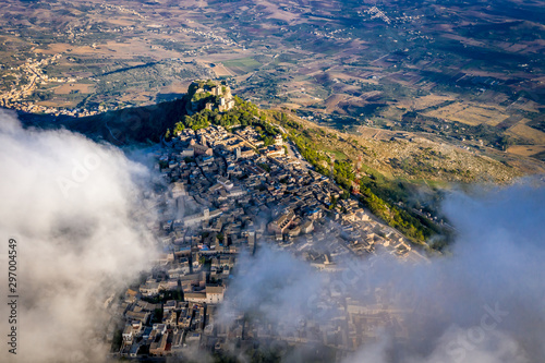 Aerial top down view of town Erice in province of Trapani in Sicily Italy.