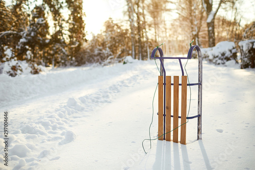 Winter sled in the snow in the winter park