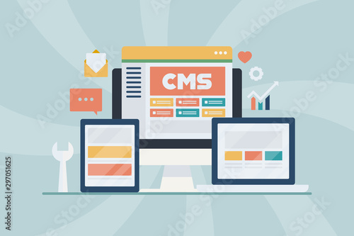 Cms - content management system, blogging, website management software, internet technology concept. Flat design banner for web, blog, app, presentation, infographic, template.