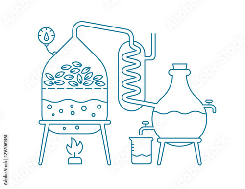 Essential oil making. Distillations aromatic oils production Perfumery substances Distiller equipment. Contour blue line vector.