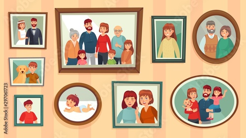 Cartoon family photo frames. Happy people portraits in wall picture frames, family portrait photos. Families generation framed portraits, dynasty photograph wall decor vector illustration