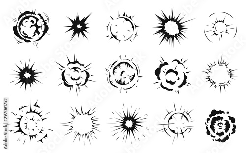 Radial explosion silhouette. Exploding bursts, round explosions cloud and exploded bomb effect black silhouettes. Explosion burst dust, power bombs explode effect. Isolated symbols graphic vector set