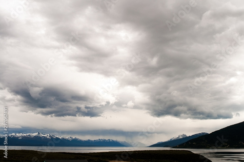 Mountain landscape over Beagle Channel in Patagonia, Argentina. Mountain and clouds