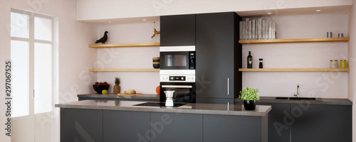vue 3d cuisine noire avec ilôt central en granit 02