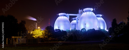 Blue Sewage Plant At Night Panorama
