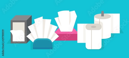 Cartoon tissue. Flat rolled paper napkins and hand dryer, toilet white paper and hand dryer tissues. Vector napkins boxes and rolls set for health and hygiene use
