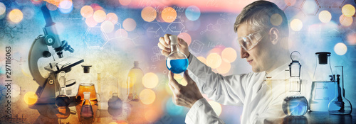 Silhouette of a chemist conducting experiments on the background of Scientific Glassware and chemistry formula. Concept on education, chemistry and science topics. Chemical background.
