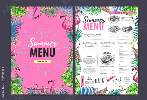 Restaurant summer menu design with tropic leaves and cocktails. Fast food menu