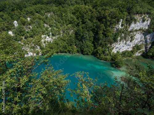 Croatia, august 2019: Plitvice lakes, famous world tourist heritage sight, waterfall and green nature