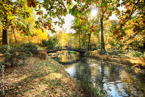 WROCLAW, POLAND - OCTOBER 18, 2019: Szczytnicki Park is situated in the vicinity of the historical Pergola and Centennial Hall in Wroclaw, Poland. Beautiful nature in Polish golden autumn.