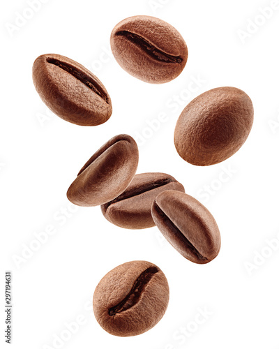 Falling coffee beans isolated on white background, clipping path, full depth of field