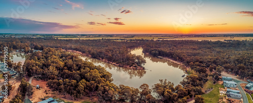 Murray River bend at sunset - aerial panorama
