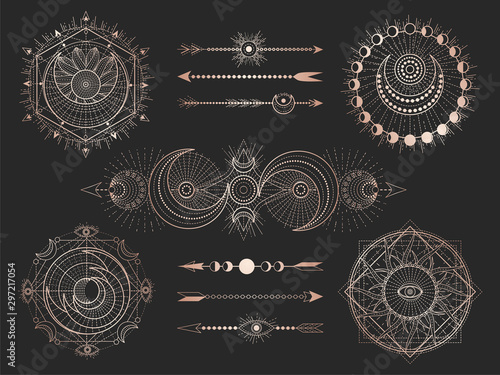 Vector set of Sacred geometric symbols and figures on black background. Abstract mystic signs collection.