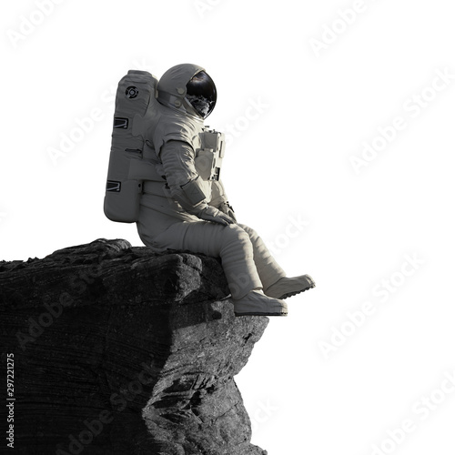 astronaut on the Moon sitting on a cliff, isolated on white background