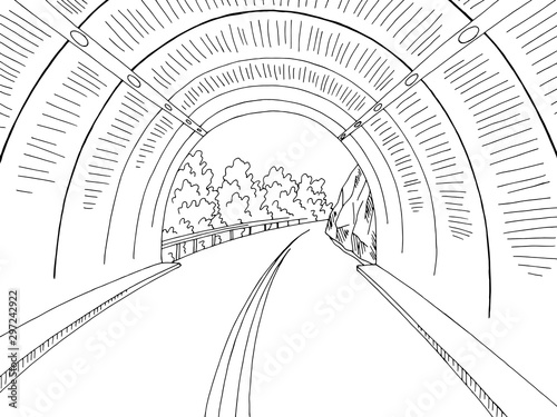 Exit from the tunnel road graphic black white landscape sketch illustration vector