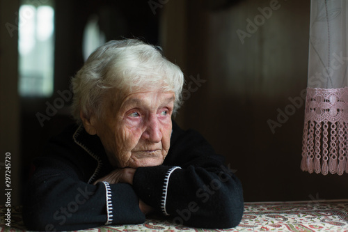 Portrait of sad elderly woman in the his house.