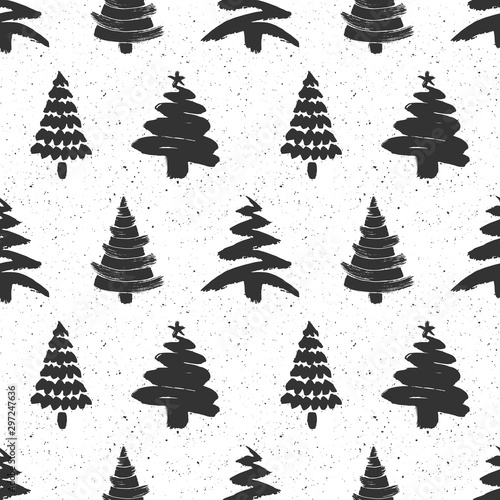 Hand drawn christmas tree seamless pattern isolated on white background. Ink vector illustration of fir tree different shapes. Modern brush calligraphy.