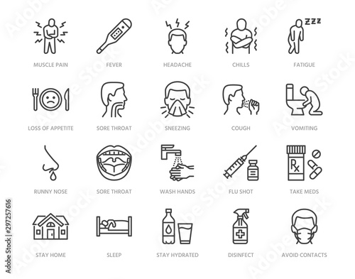 Flu disease prevention, cold symptoms flat line icons set. Fever headache sneeze, sore throat vector illustrations. Outline signs medical healthcare infographic. Pixel perfect 64x64. Editable Strokes