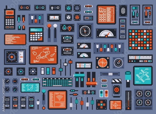 Set of control panel elements for spacecraft or technical industrial station. Vector illustration.