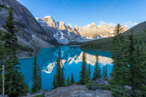 Sunrise at Moraine lake, Banff national park in the Rocky Mountains, Alberta, Canada.