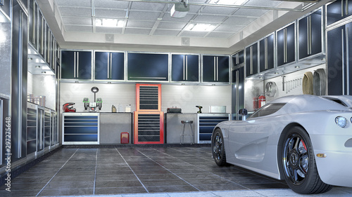 Garage interior with sectional doors. 3d illustration