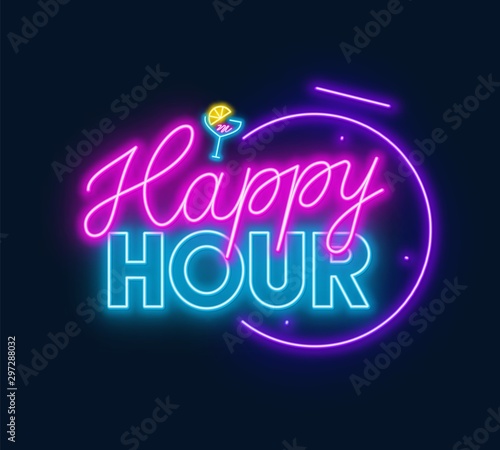 Happy hour neon sign on dark background. Vector illustration.