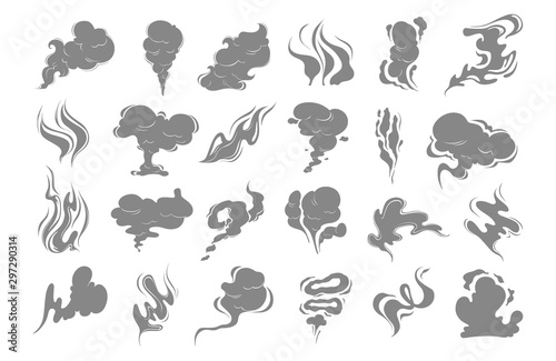 Smoke clouds silhouettes. Vector vapour icons set. Steam illustration. Steam and vapour, smoke and gas smell cloud