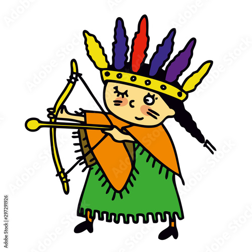 Children in Christmas costumes. Native American girl. Poncho, feathers, bow and arrow. Cheerful children celebrate Christmas and winter holidays. Cartoon New Year's holiday costume.