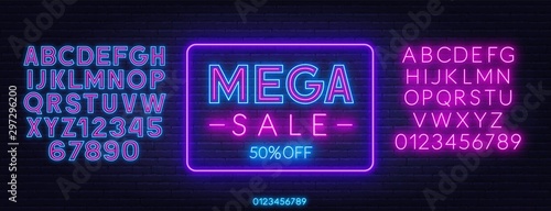 Mega sale neon sign on dark background. Discount template. Neon alphabet on a dark background. Template for design.