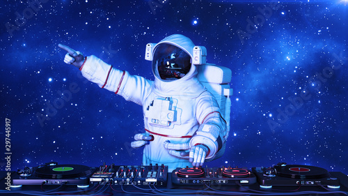 DJ astronaut, disc jockey spaceman pointing and playing music on turntables, cosmonaut on stage with deejay audio equipment, 3D rendering