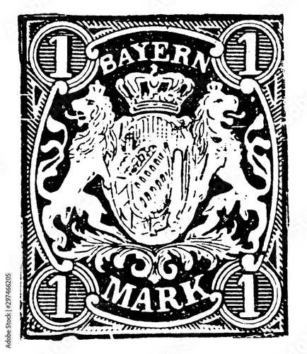 Bavaria 1 Mark Stamp from 1874 to 1876, vintage illustration.