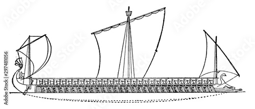 An Athenian Trireme, vintage illustration.