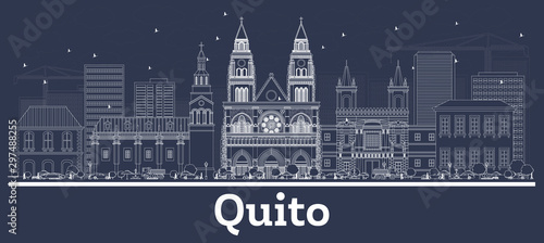 Outline Quito Ecuador City Skyline with White Buildings.