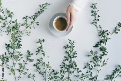 Female hands with a cup of coffee in branches with green leaves on a white table. Cofee art. Flat lay, top view.