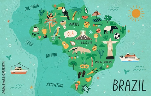 Brazil map hand drawn vector illustration. South America country cultural symbols, tourist attractions. Fauna and flora, national landmarks and travel destinations. Brazil creative educational poster.