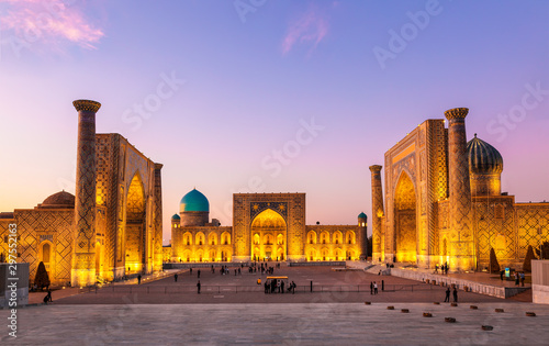 View of Registan square in Samarkand - the main square with Ulugbek madrasah, Sherdor madrasah and Tillya-Kari madrasah at sunset. Uzbekistan