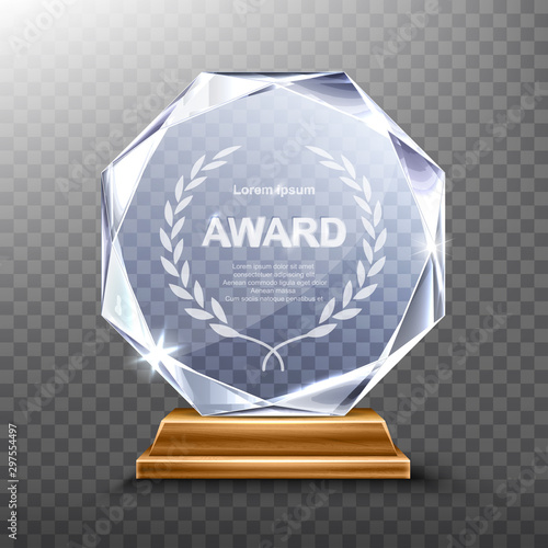 Glass award trophy or winner prize realistic vector illustration. Transparent crystal plate or acrylic diamond frame with laurel wreath on wooden pedestal, isolared front view with light and shadow