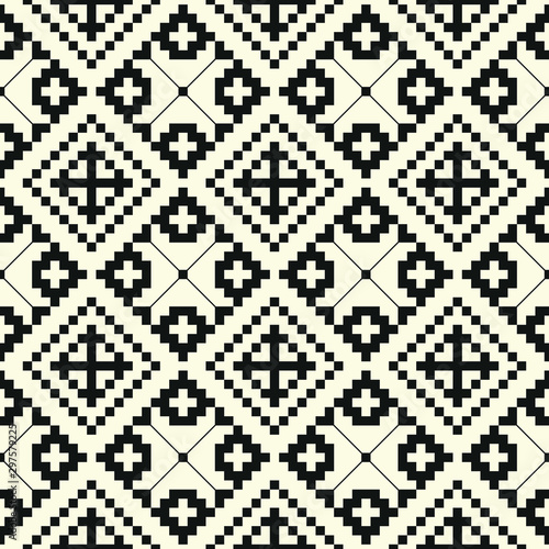 Black vintage seamless pattern with romanian traditional motifs. Traditional monochrome rhombus seamless pattern.